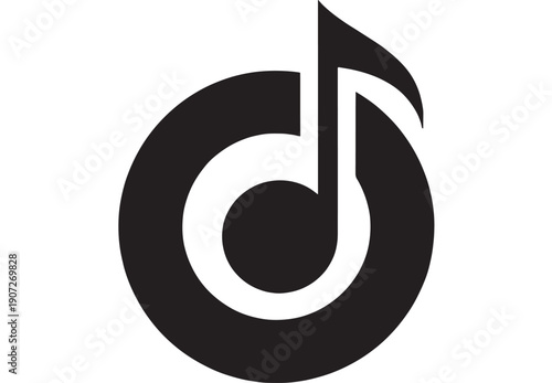 Music note logo icon in bold black circle, minimalist flat vector symbol for audio app, sound branding, playlist button, DJ label, modern UI design featuring logomark, emblem, streaming with media