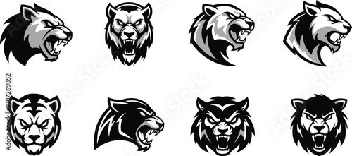 Set of Fierce Animal Head Logos in Black and White Vector Art Keywords: wolf, lion, tiger, panther, jaguar, bear, wild animal, predator, mascot
