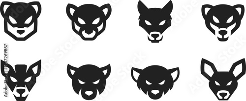 Set of Stylized Black Animal Head Icons with Sharp Features wolf coyote