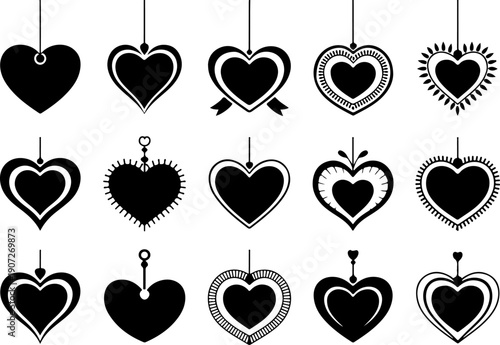 Black Hanging Heart Ornament Silhouette Set