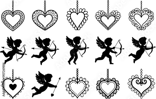 Black Hanging Heart Ornament Silhouette Set