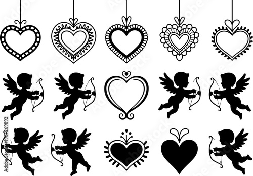 Black Hanging Heart Ornament Silhouette Set