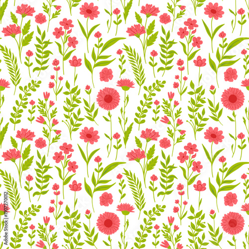 Floral cute seamless pattern with hand drawn beautiful flowers, leaves and herb. Spring and summer trendy background. Abstract modern print. Vector flat illustration.