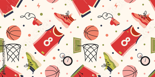 Seamless basketball pattern with sport elements like ball, hoop, jersey, sneakers and whistle. Team sport and competition concept. Trendy modern vector illustration on light background, flat design