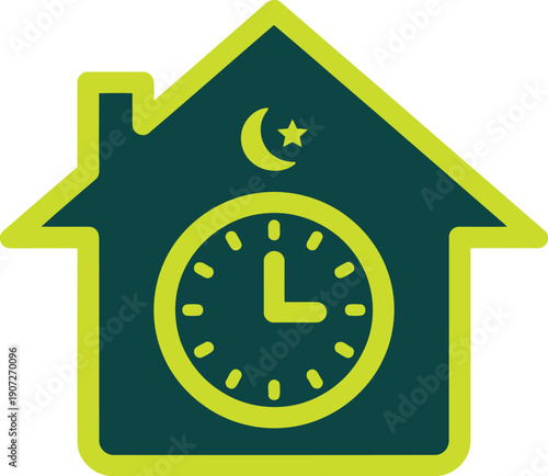 Icon depicting a house with a clock and moon for nighttime schedule reminder Vector