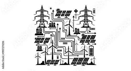 This intricate vector graphic illustrates a comprehensive smart energy grid featuring renewable sources like solar panels and wind turbines connected to power lines and battery storage silhouette
