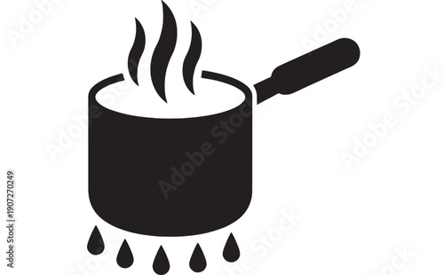 Saucepan cooking icon with steam rising over pot and small flame droplets, minimalist black silhouette pictogram for kitchen, recipe, boiling, heat and cookware symbol