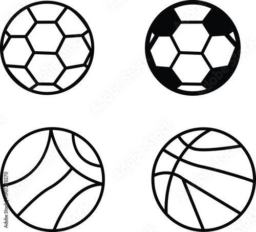 Black and white sports ball icon set with soccer and basketball designs, minimal outline and solid vector symbols