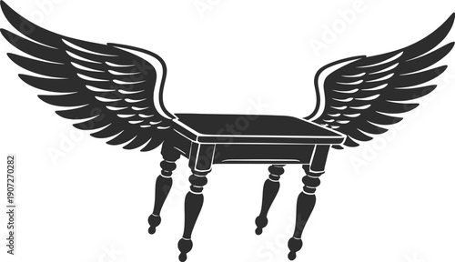 Winged Table Fantasy Furniture Silhouette Vector Illustration.