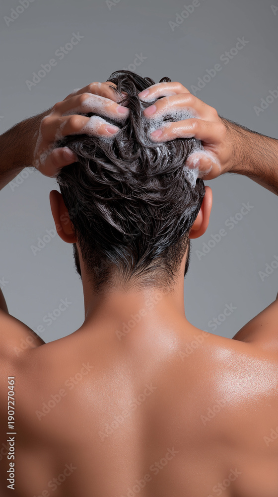Naklejka premium Back view of man washing hair with shampoo foam, highlighting daily hygiene and scalp care routine. 