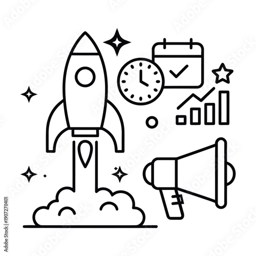 Rocket launch with clock calendar graph and megaphone space time d