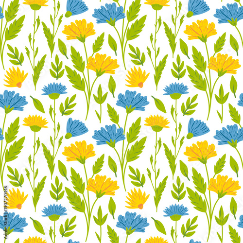 Floral cute seamless pattern with hand drawn beautiful flowers, leaves and herb. Spring and summer trendy background. Abstract modern print. Vector flat illustration.