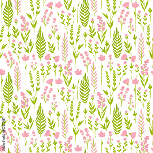 Floral cute seamless pattern with hand drawn beautiful flowers, leaves and herb. Spring and summer trendy background. Abstract modern print. Vector flat illustration.