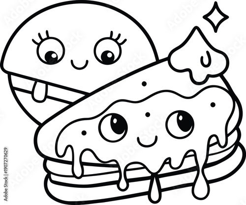 Cartoon ice cream sandwich with smiling faces and toppings