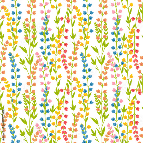 Floral cute seamless pattern with hand drawn beautiful flowers, leaves and herb. Spring and summer trendy background. Abstract modern print. Vector flat illustration.