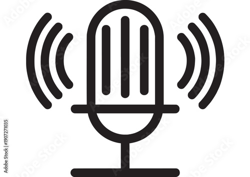 Microphone audio icon with sound wave signals, black outline podcast and voice recording symbol, minimal flat design for broadcast, radio, streaming, UI apps