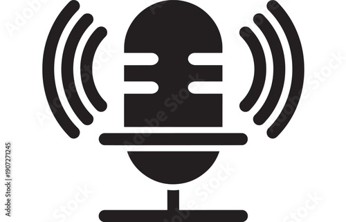 Microphone broadcasting icon with sound wave signal lines, black glyph silhouette on white background for podcast, radio, voice recording, studio streaming app UI