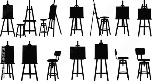 Black Silhouette Illustration of Easels and Stools Depicting Art Studio Furniture, Canvas Holders, Seating Designs, and Creative Workspace Concept