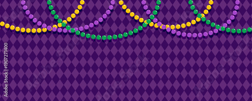 Mardi Gras banner with purple harlequin diamond pattern and hanging green, gold, and purple bead garlands. Festive carnival background for party.