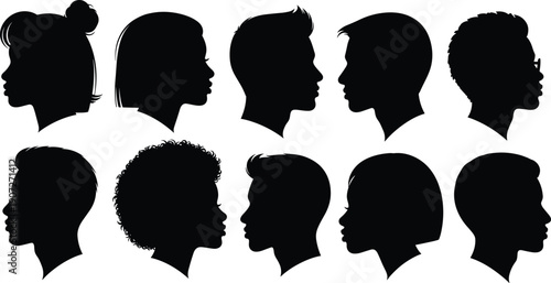 Black Silhouette Illustration of Ten Human Head Profiles Depicting Varied Hairstyles, Facial Features, Glasses, and Diversity in Appearance Concept