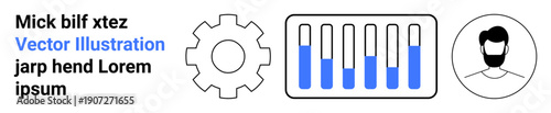 Gear icon, test tubes with blue liquid and male avatar icon. Ideal for science, technology, profiles, research, data analysis, engineering, simple landing page