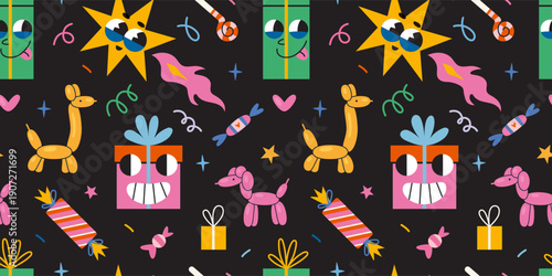 Seamless pattern with party and celebration elements such as playful characters, gifts and balloons. Trendy modern vector illustration on black background for holidays and events, flat design