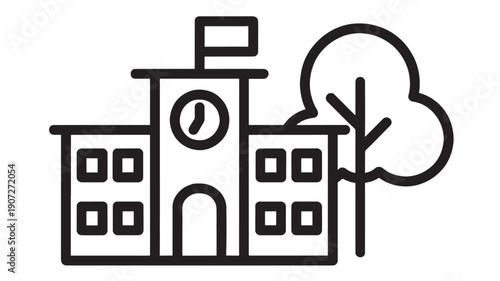 School building icon with clock tower and flag, simple black outline vector of education campus facade with windows and tree, minimal line art symbol isolated on white