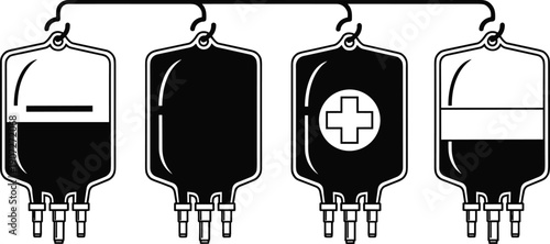 Set of Four Intravenous Fluid Bag Illustrations Showing Medical Equipment Designs for Patient Care, Blood Transfusion, and Emergency Treatment