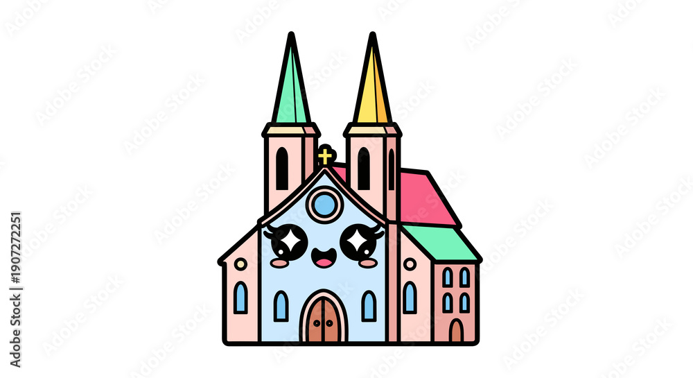 Naklejka premium Cartoon church with smiling face and colorful spires 