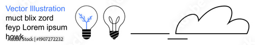 Innovation, ideas, sustainability, brainstorming, technology, energy. Two light bulbs a branching pattern and a wire design beside a line-connected cloud shape. Innovation and ideas concept