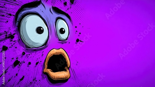 Shocked cartoon face with wide eyes and open mouth on vibrant purple comic style background with copy space Generative AI