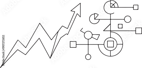 A line graph with an upward trend and various business strategy symbols