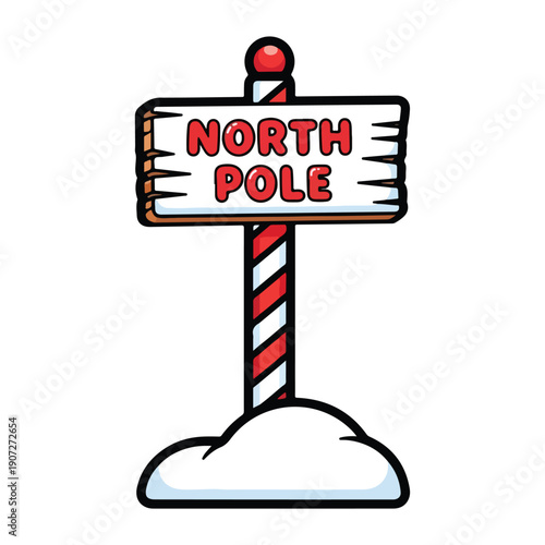 Illustration of a signpost on a snowy mound indicating the North Pole direction with a red and white striped pole