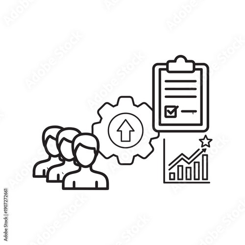 Teamwork and growth chart with gear and checklist d