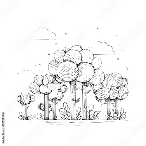 Black and White Illustration of Mushrooms Growing in Forest