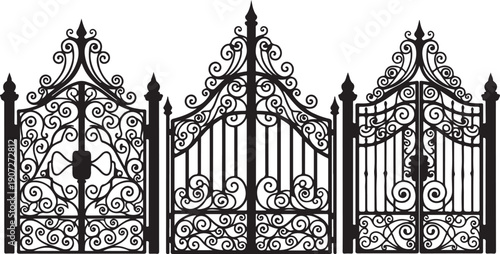 Black wrought iron gates with ornate scrollwork and pointed finials ornate gate black gate 1