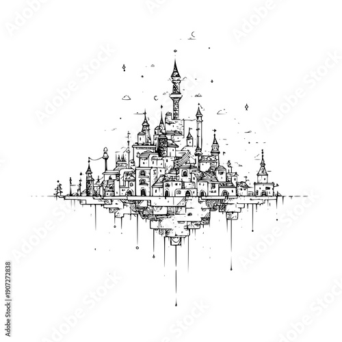 Fantasy Castle Floating in Air with Towers and Spires