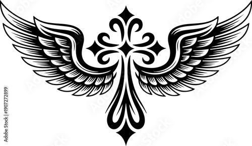 Winged Cross Christian Symbol Line Art
