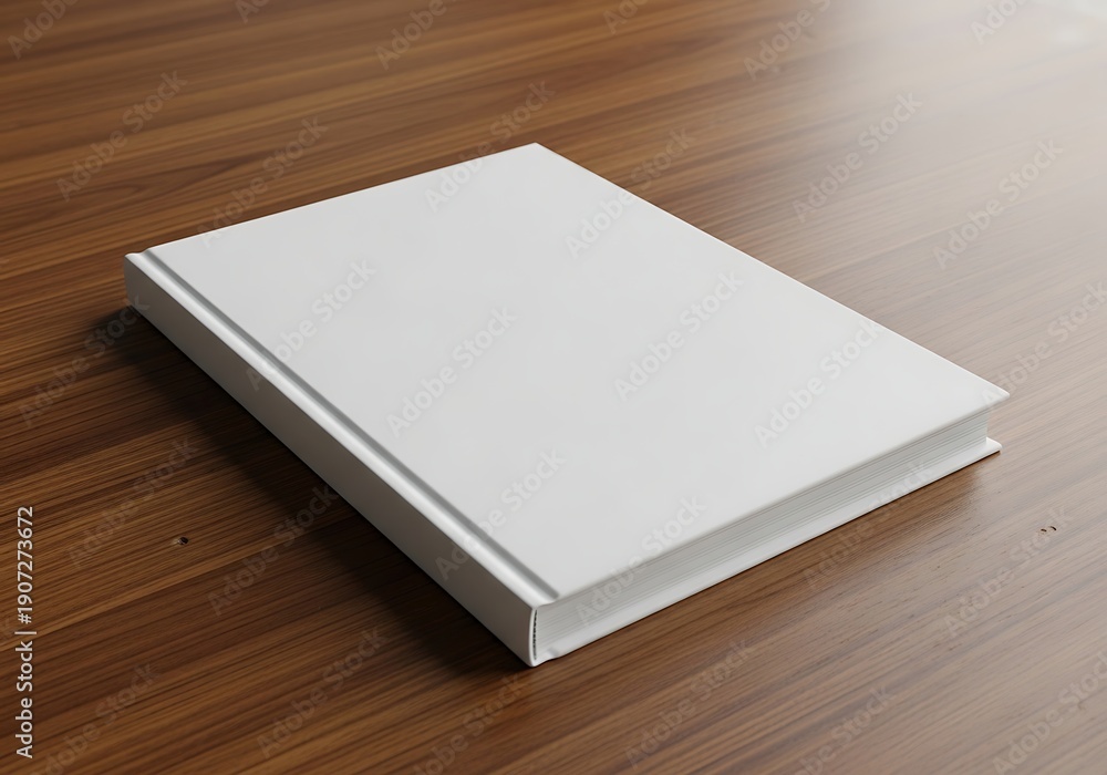Fototapeta premium A pristine white book resting on a richly textured wooden surface