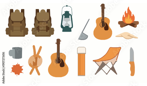 Outdoor adventure and picnic accessories flat vector set