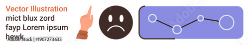 Business decline, stock loss, disappointment, analysis failure, finance downturn, economic crisis. Sad face icon, pointing hand downward trend graph. Business decline and stock loss
