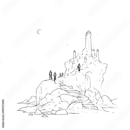 People Standing on Rocky Hill with Ancient Ruins at Night