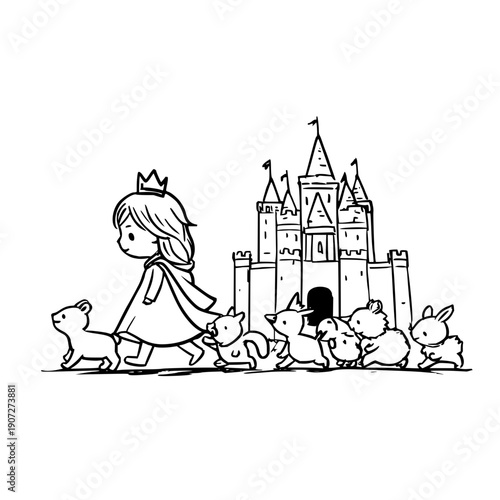 Little Princess Walking with Animals in Front of Castle