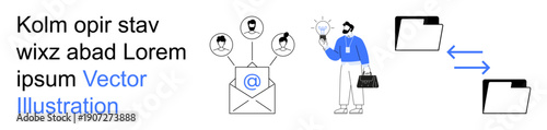 Communication, digital file sharing, productivity, email management, information exchange, teamwork. Email icon connecting to people, professional sharing an idea, file folders connected