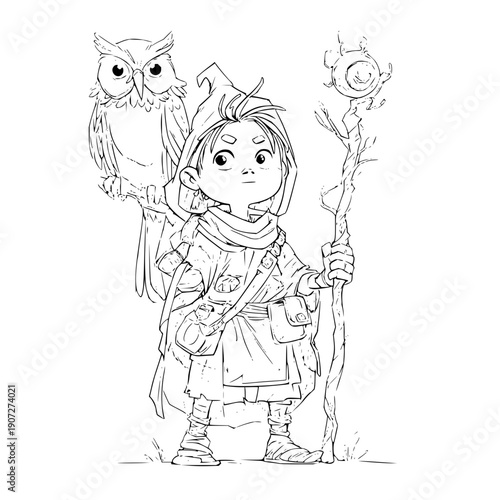 Little Wizard Girl Holding Magic Staff with Owl on Shoulder