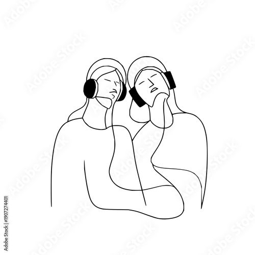 Two Women Wearing Headphones Listening Music One Line Art