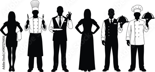 “Black and White Digital Illustration of Restaurant and Hospitality Professionals, Chef, Waiter, Waitress, and Service Team Silhouettes for Stock Art Success”