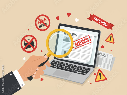 A hand holding magnifying glass examines laptop with fake news on the screen surrounded by warning signs and symbols of misinformation  verifying information in digital age