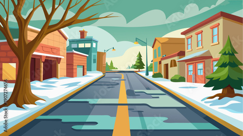 Stylized winter town street with houses snowy sidewalks bare tree road perspective and calm sky in colorful flat illustration style