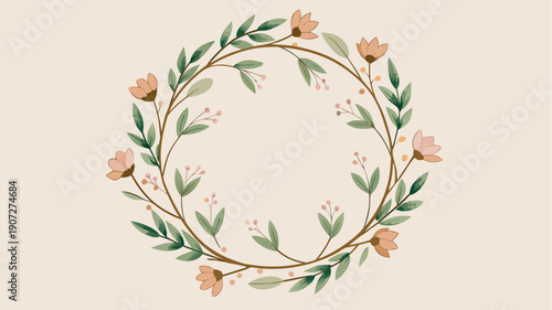 Elegant floral wreath with delicate leaves branches and soft flowers on beige background in minimal botanical style